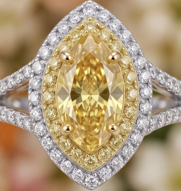 Luxurious marquise cut 4.5 carat Yellow Sapphire rhodium over .925 Sterling Silver handcrafted ring size 6 - Close-up of luxurious marquise cut yellow sapphire ring with diamond halo.