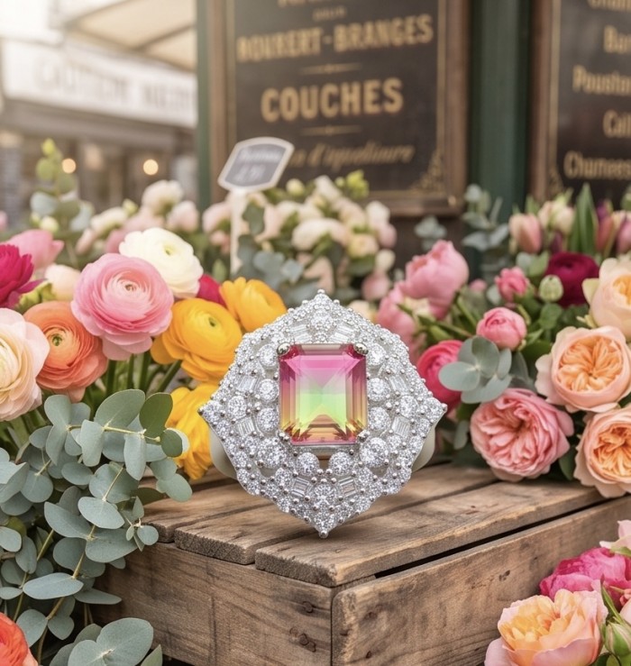 4.8 carat Brazilian Tourmaline .925 Sterling Silver dipped in rhodium Perfectly handcrafted Ring s. 8 - Close-up of Brazilian Tourmaline ring with floral background