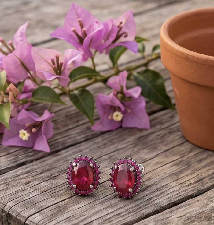 Natural 2.2 carat Mozambique Ruby .925 Sterling Silver Handcrafted Earrings - Pair of ruby earrings on wood with purple flowers in the background