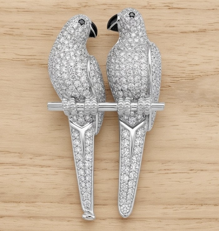 Attract YOUR Luck - Two Parrots 4.2 CARAT pave Moissanite .925 Sterling Silver dipped in rhodium handcrafted Brooch - Side view of parrot-shaped earrings with pave Moissanite detailing.