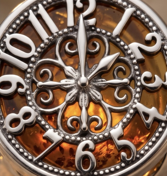 The Light Watchmaker Authentic Baltic Amber .925 Sterling Silver handcrafted ring; s. 6 adjustable - Close-up of ornate watch face with amber and sterling silver detailing.