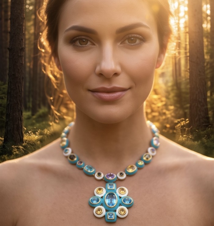 Outstanding - Authentic 31.2 carat Swiss Blue Topaz 18.8 carat Citrine 14.1 carat Amethyst Enamel 22K Gold over .925 Sterling Silver handcrafted Statementbnecklace - Woman wearing Swiss Blue Topaz necklace, forest background, front view.