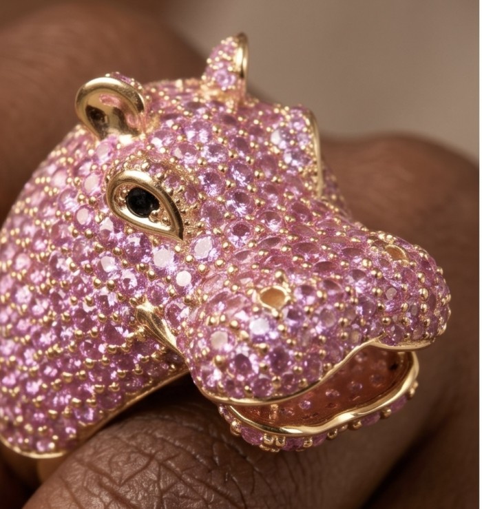 Hippo Genuine 5.5 CARAT pave Mozambique Ruby 22K Gold over .925 Sterling Silver Large Statement Ring size 8 - Close-up of hippo ring with rubies, worn on hand.
