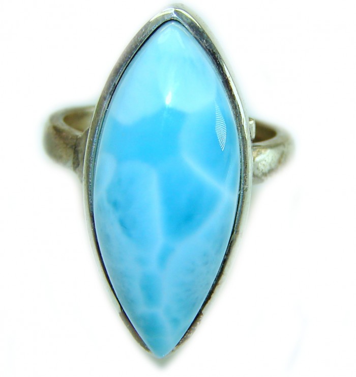 Blue Dream Blue Larimar .925 Sterling Silver handmade Large Solid ring size 7 adjustable - Blue Larimar ring in sterling silver, stone close-up.