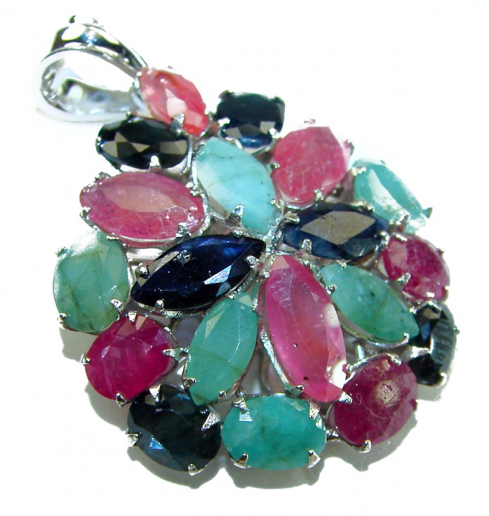 Nirvana 19.5 carat Ruby Emerald Sapphire .925 Sterling Silver pendant - Close-up of Nirvana 19.5 carat Ruby Emerald Sapphire pendant.