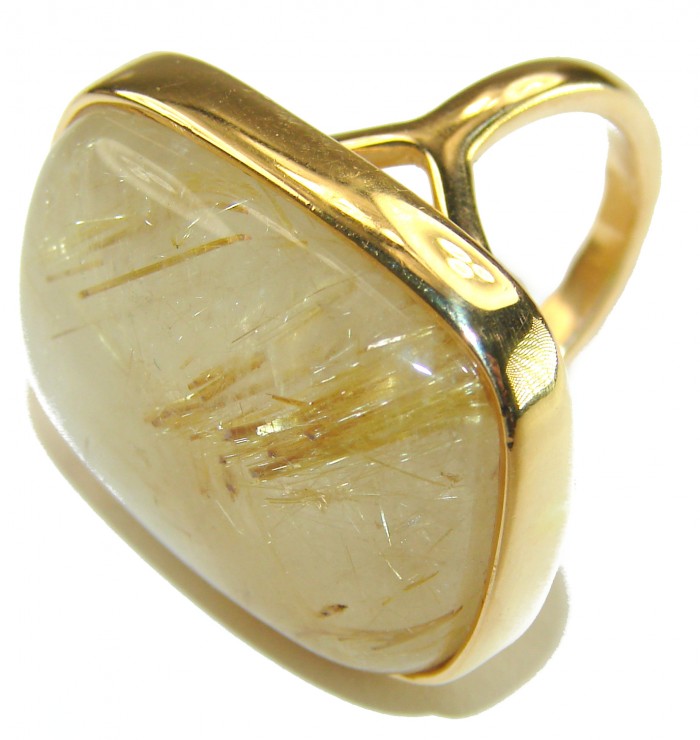 Himalayan Treasure 22.9 carat Best quality Golden Rutilated Quartz 18K Gold over .925 Sterling Silver handcrafted Ring Size 4 1/4 - Close-up of golden rutilated ring in gold setting, showcasing stone detail.