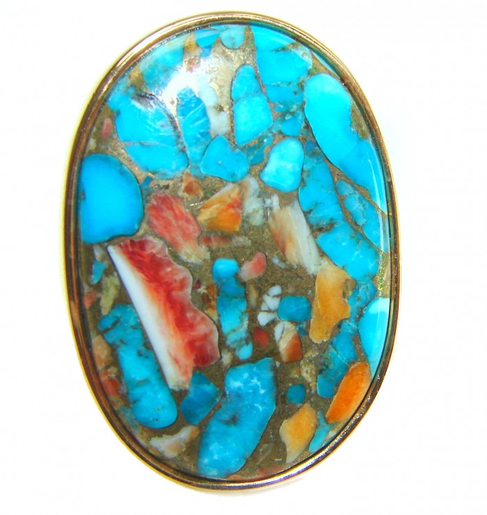 Rare 26.5 carat Oyster Turquoise 18K Gold over .925 Sterling Silver handcrafted Large ring; s. 8 adjustable - Close-up of rare 26.5 carat Oyster Turquoise set in 18K gold over sterling silver.