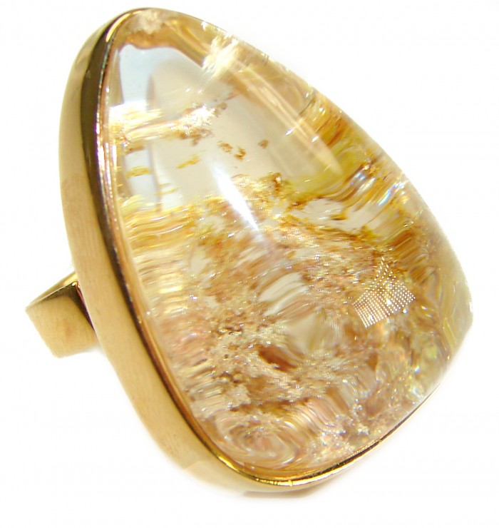 Sahara - The best quality genuine 31.5 carat Phantom Quartz 18K Gold over .925 Sterling Silver handmade Statement Ring s. 8 adjustable - Close-up of a gold ring with 31.5 carat Phantom Quartz stone.