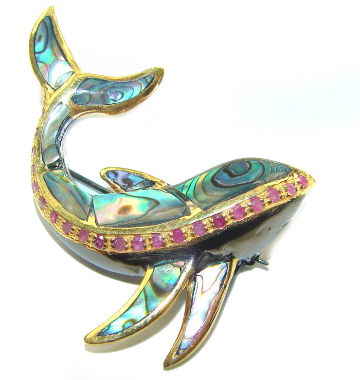Dolphin Natural Rainbow Abalone Ruby 14K Gold over .925 Sterling Silver handmade Pendant Brooch - Side view of abalone and ruby dolphin jewelry in 14K gold over silver.