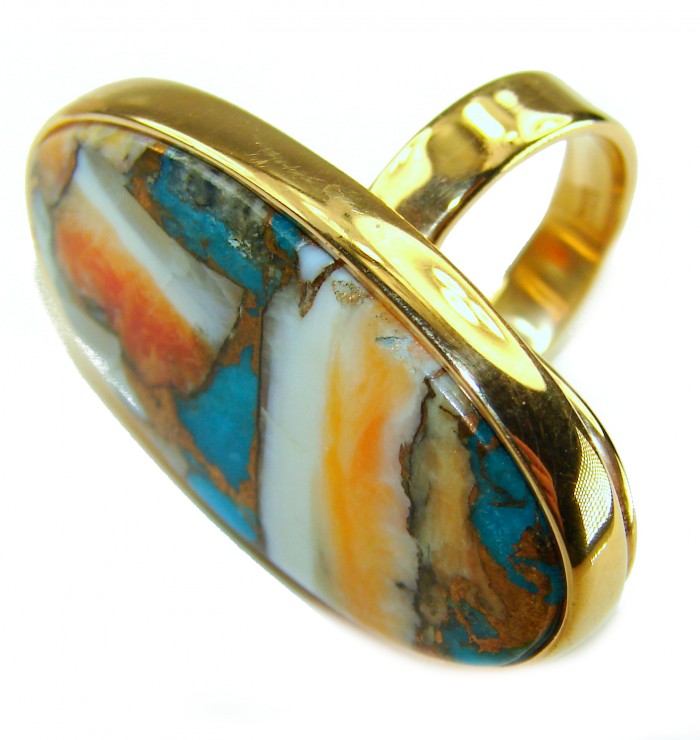 Rare 29.5 carat Oyster Turquoise 18K Gold over .925 Sterling Silver handcrafted Large ring; s. 6 adjustable - Close-up of oyster turquoise ring with gold setting, angled view