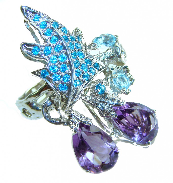 Purple Odyssey 12.5 carat natural Amethyst Apatite .925 Sterling Silver Handcrafted Ring size 6 - Close-up of Purple Odyssey Amethyst and Apatite ring with leaf design.