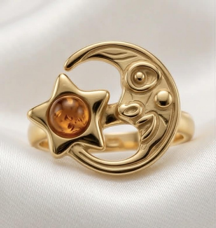 HARMONY Beauty of the Sea - Natural Baltic Amber .925 Sterling Silver dippedin 18K Gold handcrafted ring; s. 7 - Close-up of HARMONY Natural Baltic Amber ring with moon and star design.