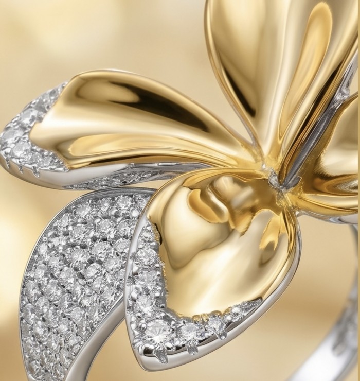 Lotus White Topaz highly polished 18K Gold over .925 Sterling Silver Italy made ring s. 8 adjustable - Close-up of lotus 18K gold ring with white topaz accents
