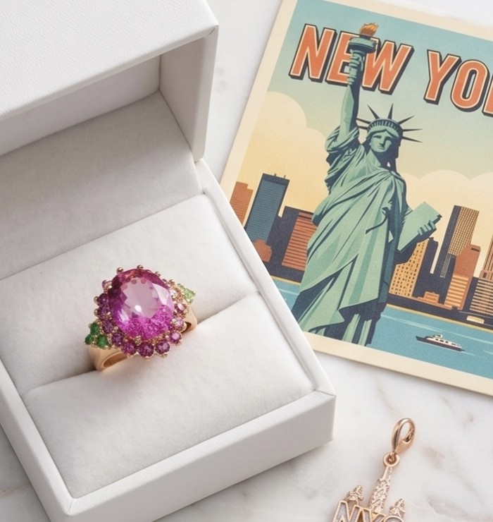 Elizabeth - Natural 10.8 carat pear cut Pink Sapphire .925 Sterling Silver dipped in 22K Rose Gold handmade Statement Ring size 6 - Pink Sapphire ring in box, front view, with NYC postcard background.