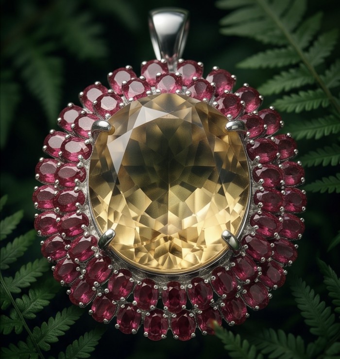 Luxury genuine 44.7 CARAT oval cut Champagne Topaz Garnet .925 Sterling Silver dipped in rhodium handmade Pendant - Close-up of luxury oval Champagne Topaz pendant with garnet accents.