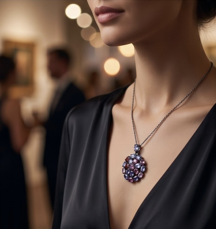 Scarlett 23.5 carat Brazilian Watermalon Tourmaline black rhodium over .925 Sterling Silver handmade Pendant - Necklace worn at an event, showcasing Scarlett 23.5 ct tourmaline pendant.