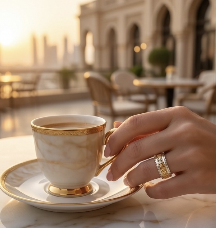 Secret code Precious Natural two tones 18K Gold over .925 Sterling Silver ring size 7 - Ring on hand holding gold-trimmed cup, outdoor setting