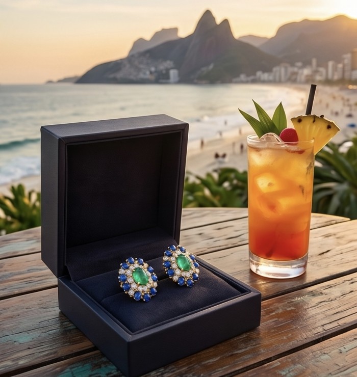 Colombian's Brilliance - emerald cut 4.7 carat Colombian Emerald 18K Gold over .925 Sterling Silver handcrafted earrings - Earrings in box with tropical drink and beach view at sunset.