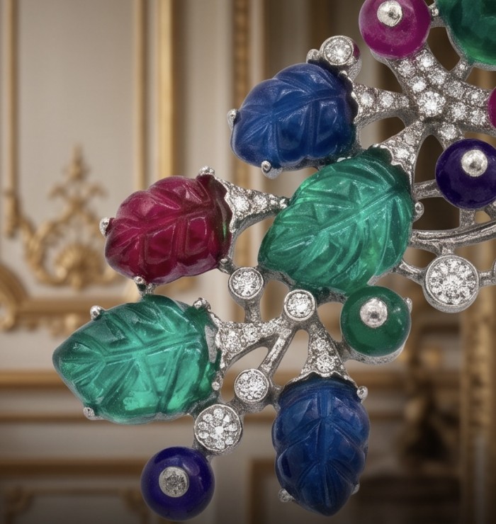 RARE BEAUTY! Valentina 28.2 carat CARVED Ruby Emerald Sapphire .925 Sterling Silver dipped in rhodium Statement handcrafted earrings - Close-up of carved ruby, emerald, and sapphire jewelry piece.