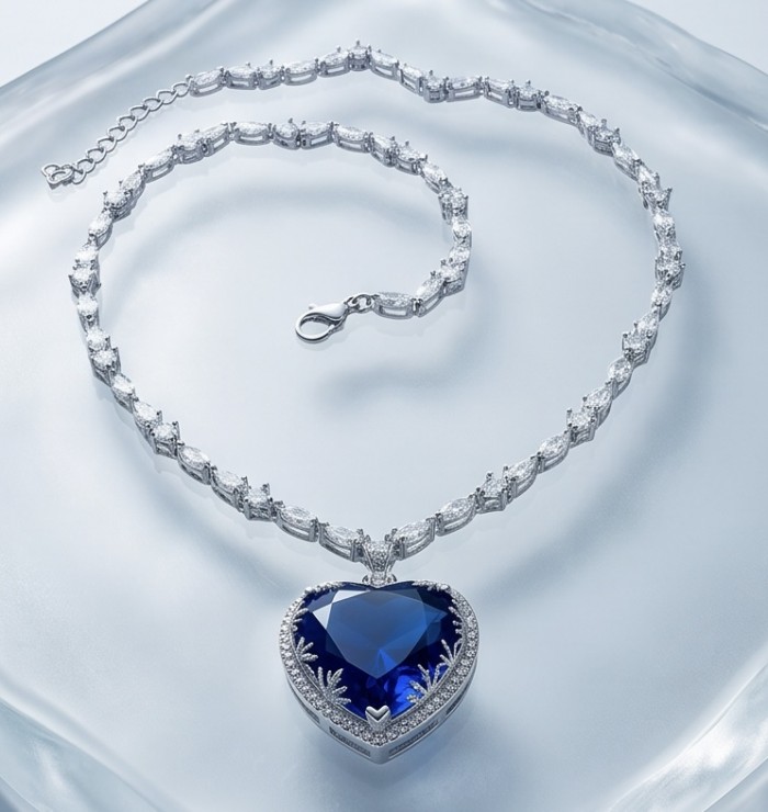 Titanic - Heart of The Ocean Necklace ~ 24.5 Ct Blue Sapphire Necklace In 925 Sterling Silver necklace - Heart of The Ocean Necklace, front view on glass surface