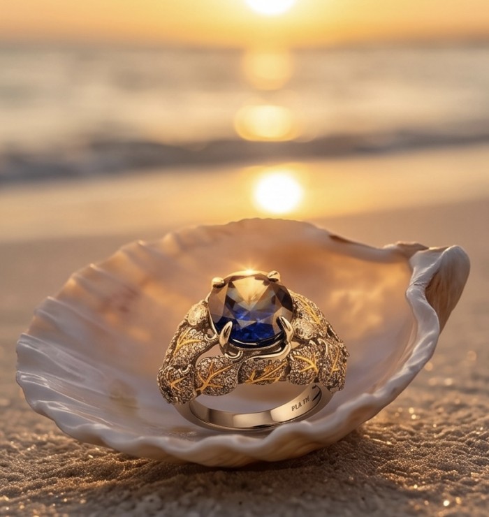 Precious Design oval cut 9.9 CARAT Tanzanite 18K Gold over .925 Sterling Silver Statement Ring s. 6 1/4 - Tanzanite ring 18K gold, displayed in shell, ocean sunset background.