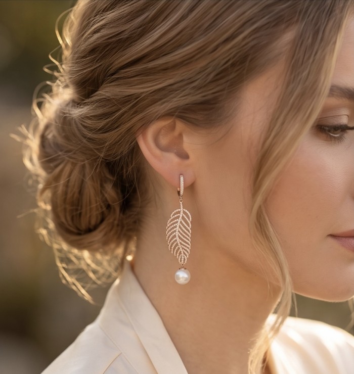 BLOOMING BEAUTY Genuine Pearl 0.2 CARAT lab grown Diamond 22k Rose Gold over .925 Sterling Silver handcrafted Statement Earrings - Woman wearing BLOOMING BEAUTY pearl and diamond earring, side profile.