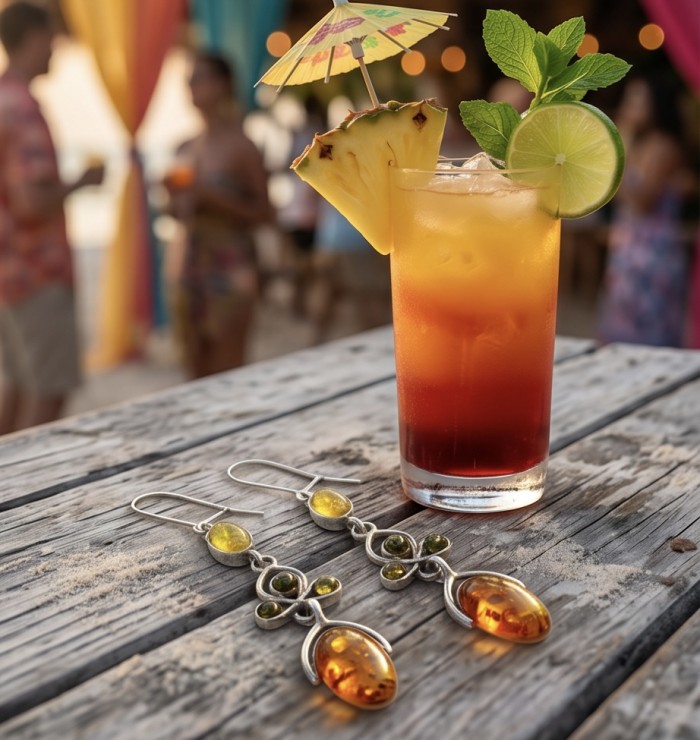 Natural Baltic Amber .925 Sterling Silver handmade earrings - Earrings on table with tropical drink in background, side view.