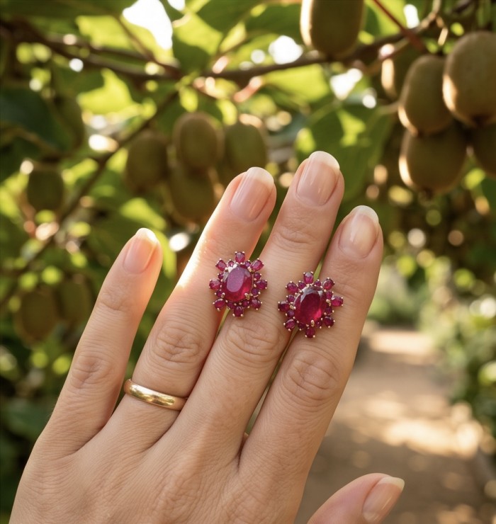 Giovanna - Magnificent Jewel 8.5 carat Mozambique Ruby 22K Rose Gold over .925 Sterling Silver handcrafted incredible earrings - Ruby rings worn on hand with kiwi plants in background