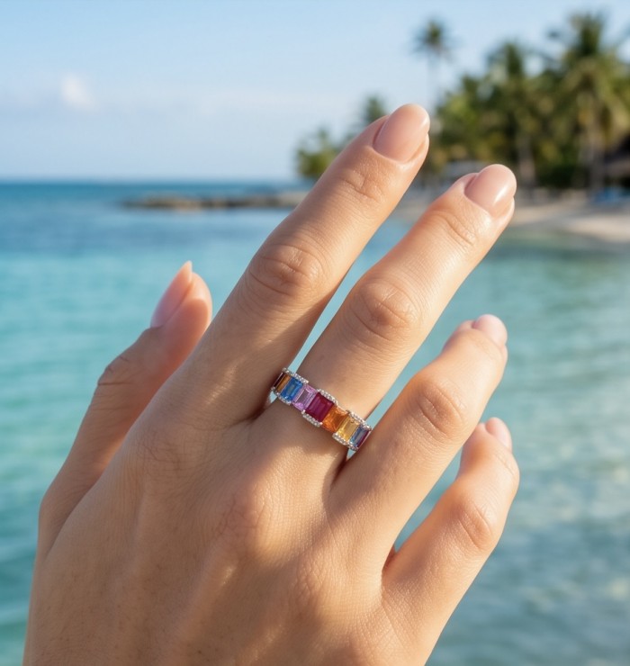 My own Rainbow - authentic 8.7 carat Topaz .925 Sterling Silver Ring size 6 - Ring with multicolor topaz stones worn on hand by the beach.