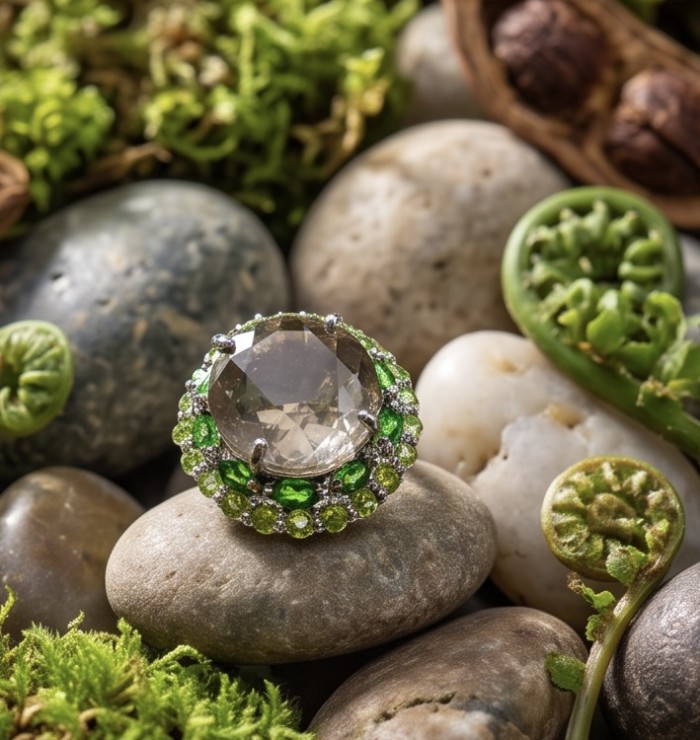 Serenity 16.5 carat Champagne Smoky Topaz .925 Sterling Silver handcrafted Ring size 7 - Close-up of Serenity ring with Champagne Smoky Topaz on pebbles.