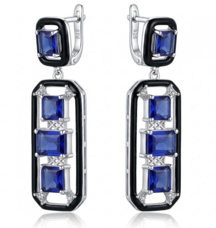 Art Deco 11.5 carat Sapphire black enamel .925 Sterling Silver handcrafted earrings - Art Deco sapphire sterling earrings front view with black enamel trim