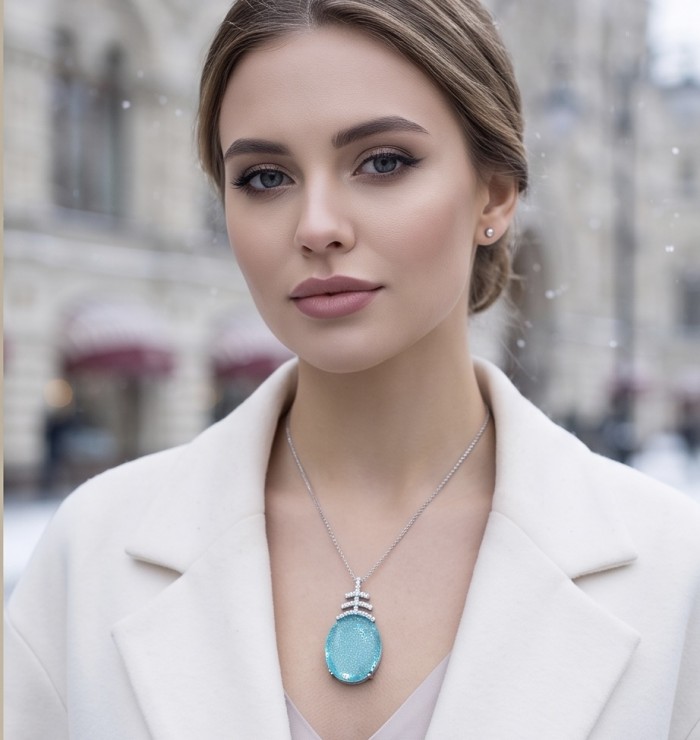 Angelina 14.9 carat authentic Aquamarine .925 Sterling Silver Handcrafted pendant - Model wearing Angelina Aquamarine pendant in snowy urban setting.