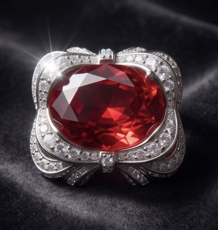 Rose Garden - Victorian style - 22.5 carat Ruby .925 Sterling Silver handcrafted Brooch - Close-up of Victorian-style brooch with 22.5 carat ruby and sterling silver
