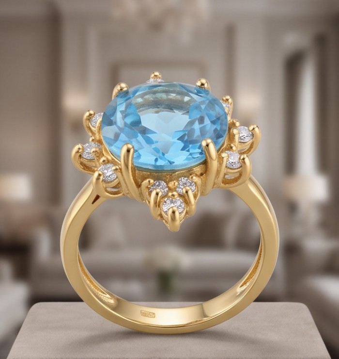 Blue Wonder Natural 8.8 carat Swiss Blue Topaz .925 Sterling Silver dipped in 22K Gold handmade Statement Ring size 7 - Gold ring with blue topaz and diamonds, close-up front view.