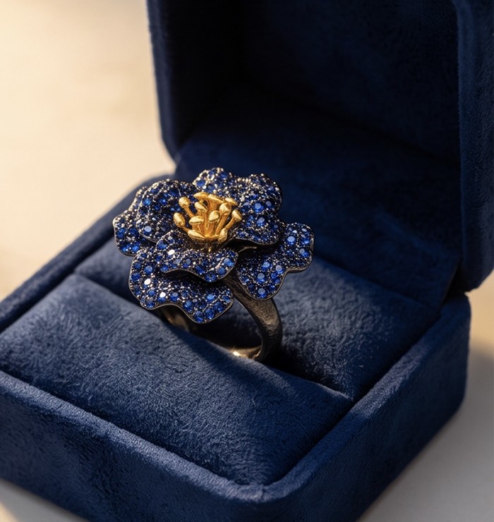Blue Rose 22.5 carat Sapphire black rhodium over 18K Gold .925 Sterling Silver handcrafted ring size 8 1/2 - Blue sapphire rose ring in box, top view, black rhodium over 18K gold