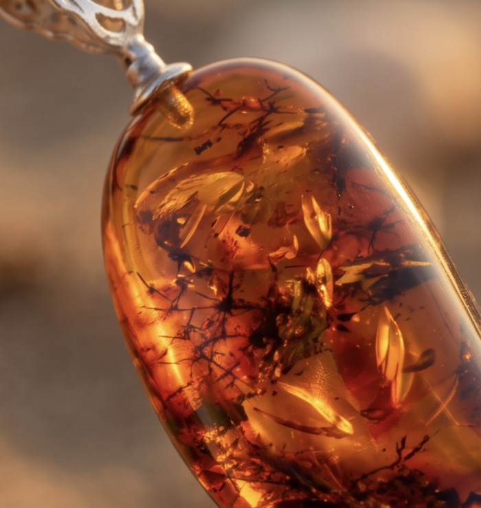 Prehistoric Authentic Golden Baltic Amber .925 Sterling Silver beautifully handcrafted Pendant - Close-up of golden Baltic amber pendant with silver setting details.