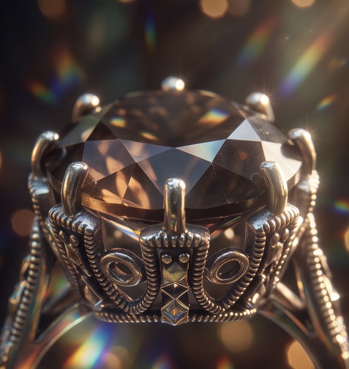 11.8 grams carat Genuine Smoky Topaz .925 Sterling Silver Handcrafted Ring size 8 - Close-up of genuine smoky topaz in ornate .925 sterling silver setting