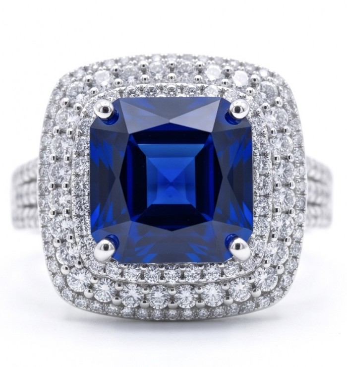 The Star of Kashmir princess cut 15.6 carat Sapphire .925 Sterling Silver handmade Statement ring size 8 - Close-up of The Star of Kashmir sapphire ring with diamond accents.