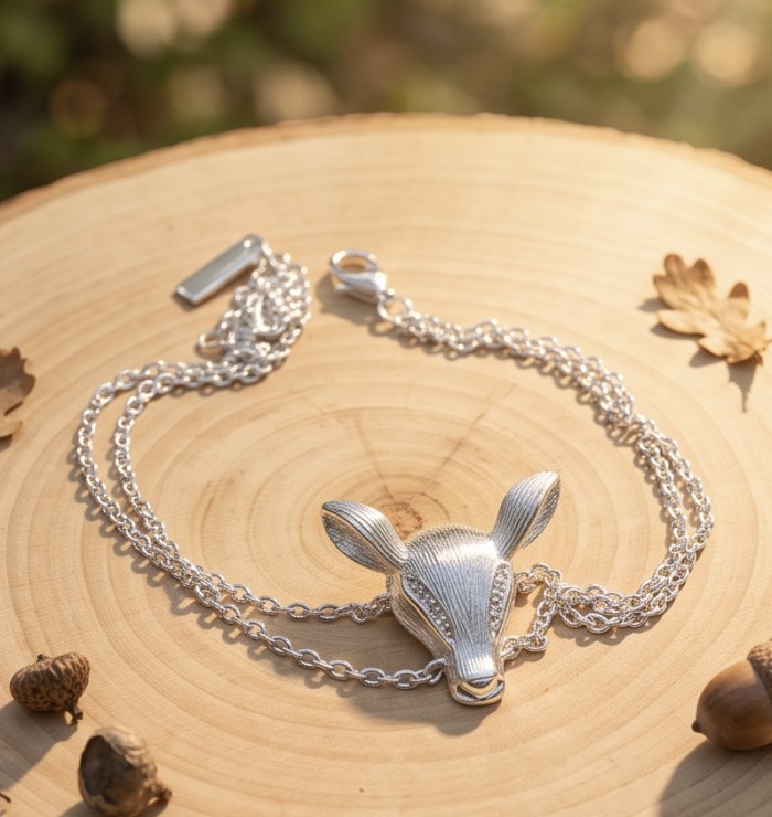 Deer'S Head 0.5 carat Emerald Rhodium over .925 Sterling Silver handmade Statement Bracelet - Deer's Head necklace on a wooden surface with chain details.