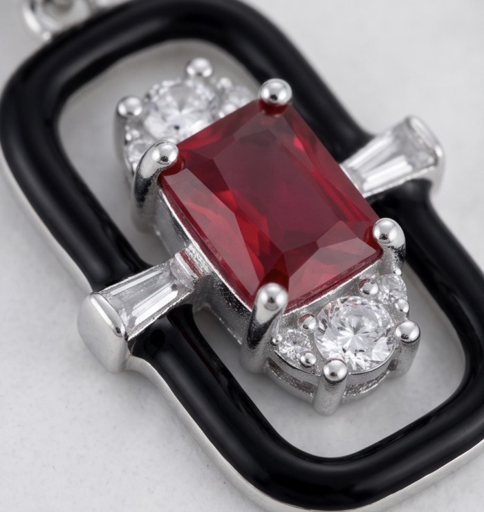 Art Deco - 4.5 carat Ruby enamel .925 Sterling Silver handcrafted incredible earrings - Close-up of Art Deco ruby and enamel sterling silver jewelry piece.