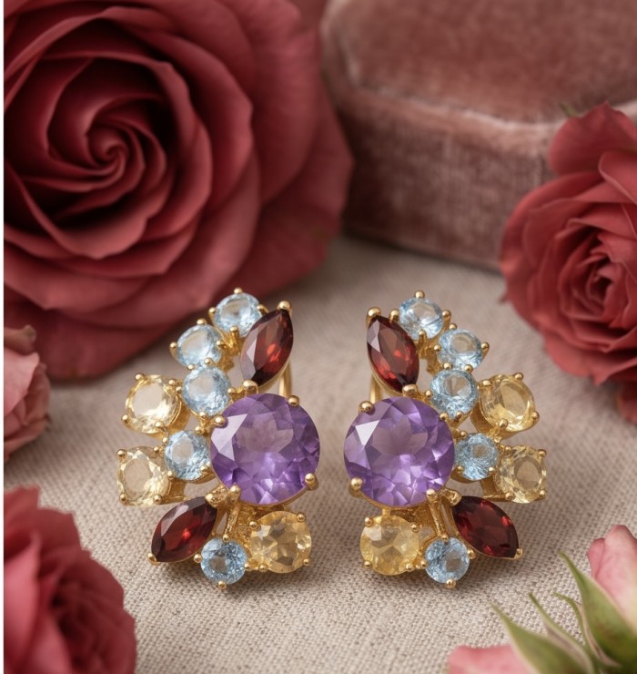Giuseppina - Authentic 27.5 carat Amethyst 18k Gold over .925 Sterling Silver handcrafted Statement Earrings - Close-up of Giuseppina earrings with gemstones and roses background