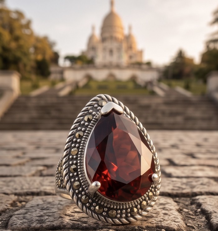Red Power Authentic 25.4 carat Garnet .925 Sterling Silver brilliantly handcrafted large Statement Ring size 7 1/4 - Close-up of a garnet ring with ornate silver setting, steps in background.