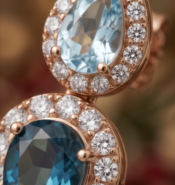 Ocean's Tears 4.5 carat London Blue Topaz 18K Gold over .925 Sterling Silver handcrafted earrings - Close-up of Ocean's Tears earrings showcasing topaz stones and diamond accents