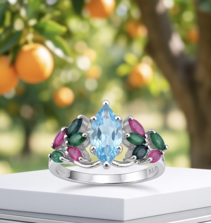 Pacifica 1.8 carat Swiss Blue Topaz .925 Sterling Silver handcrafted ring size 7 - Pacifica Swiss Blue Topaz sterling silver ring, front view with colored stones.