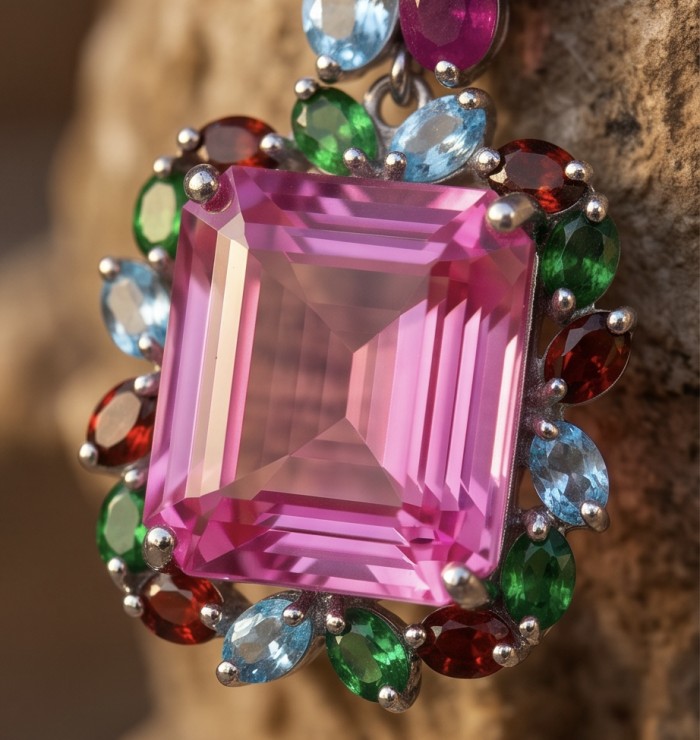Large - Tiffany - authentic 41.5 carat Pink Sapphire rhodium over .925 Sterling Silver handcrafted Statement Earrings - Close-up of vibrant multicolored gemstone pendant with pink sapphire
