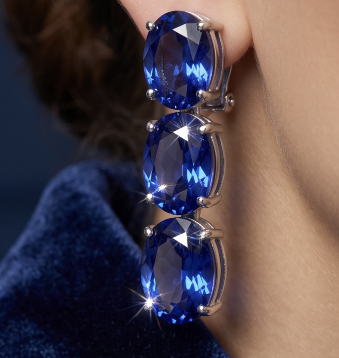 Deep Ocean 22.5 carat London Blue Topaz .925 Sterling Silver handmade Statement earrings - Close-up of Deep Ocean London Blue Topaz earrings worn on ear.