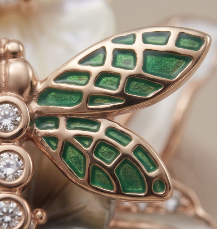 Spring carved Blister Pearl green Enamel 18K Rose Gold over .925 Sterling Silver brilliantly handcrafted Statement Earrings - Close-up of green enamel and diamond detail on rose gold jewelry.