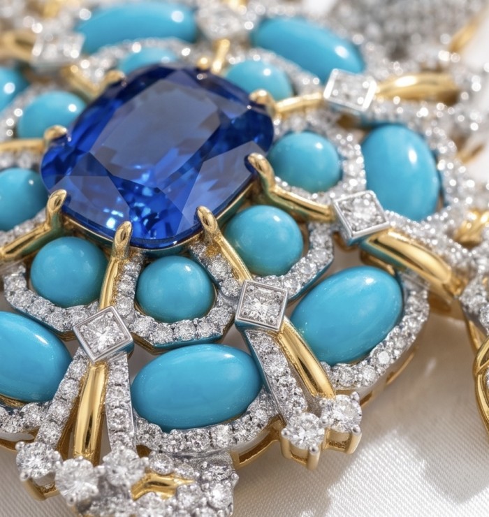 Blue Turtle Authentic 10.2 carat Swiss Blue Topaz Sleeping Beauty Turquoise rhodium over .925 Sterling Silver 2 tones handcrafted Statement Pendant Brooch - Close-up of Blue Turtle jewelry with blue topaz and turquoise stones.