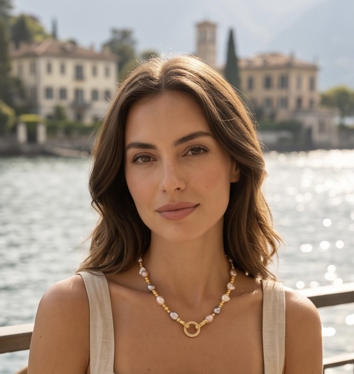 Colors of the Ocean - MOTHER OF Pearl .925 Sterling Silver diped in 14K Gold handcrafted Statement necklace - Woman wearing Colors of the Ocean necklace by a lake backdrop