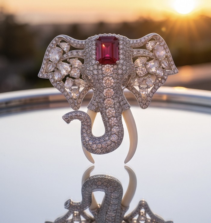 Attract YOUR Luck - ELEPHANT- 5.2 CARAT Ruby .925 Sterling Silver dipped in rhodium handcrafted Pendant Brooch - Elephant-shaped brooch with ruby, diamond detail, sunset reflection.